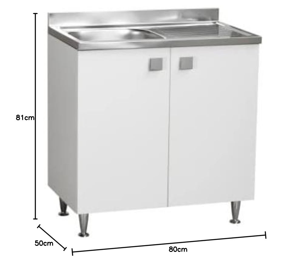 Mobile Cucina Sottolavello con Lavello Vasca Sinistra in Acciaio inossidabile con Gocciolatoio, 2 ante in Bianco Frassino, cm 80x50 H88 (Vasca Sinistra)
