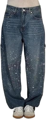 Women's Casual Rhinestone Loose Harem Jeans, Women's Casual Rhinestone Loose Jeans, Wide Leg Sparkly Jeans with Pocket