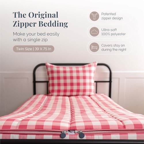 Image of Beddy's Dark Pink Checkered All-in-One Zipper Bedding Set for Kids - Twin | Smooth-Glide Zippers, Easy To Make & Wash, Soft Durable Fabric, Strawberry Interior, Includes Pillowcase & Sham