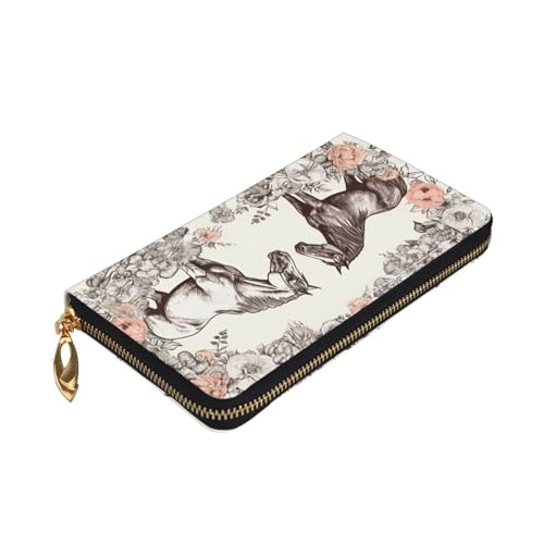 Leather Wallet for Women Men Bifold Wallet Ultra Slim Credit Card Holder Flowers and Horses Hand Drawn Ladies Clutch Purse4