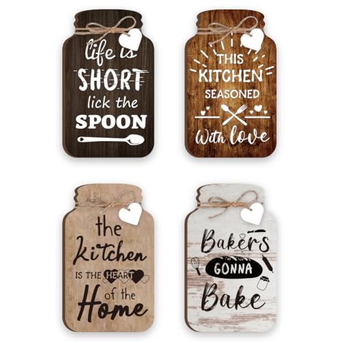 GOMAKERER Juego de 4 Tarros de Cocina para Decoración de Pared, con Texto en Inglés 'With Love', Letreros de Madera para Colgar, Decoración Inspiradora para Comedor
