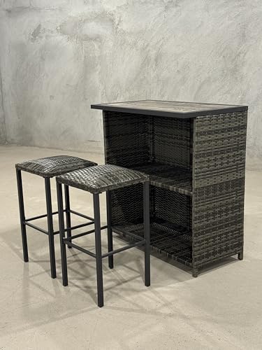 GarveeHome Ensemble table de bar et tabourets avec rotin PE gris dégradé – Table de bar avec 2 chaises de bar en rotin durable, cadre en acier, ensemble moderne pour l'extérieur et l'intérieur