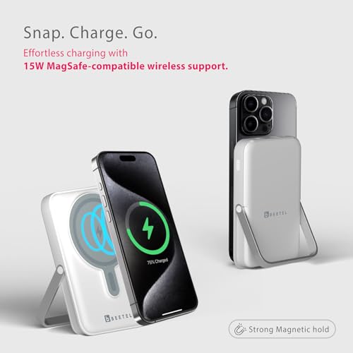 Image of Beetel MagVibe Series WS01 Magsafe 10000mAh Magnetic 15W Wireless Power Bank with Stand for Apple iPhone, Samsung, OnePlus, All Smartphones| Qi Enabled Devices | 3M Ring In Box | Premium Finish| White