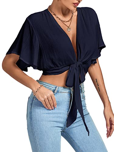 Image of LYANER Women's Sexy Deep V Neck Tie Front Wrap Cropped Blouse Bell Short Sleeve Ruffle Crop Tops
