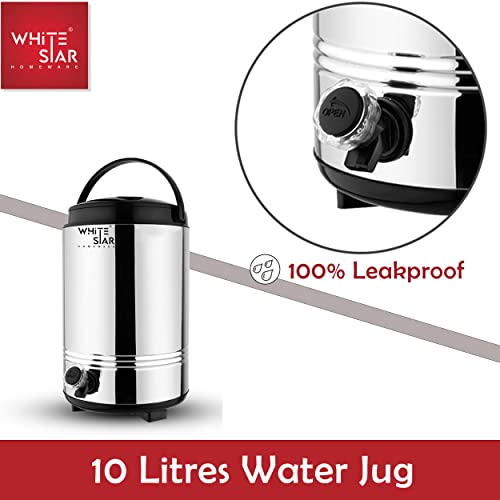 Image of WHITESTAR Stainless Steel Insulated Water Bottle /Jug for Traveling, Office, Kitchen I 10 Liters of Water Storage Container with Airtight Lid and Leak Proof Tap I Unbreakable & Durable