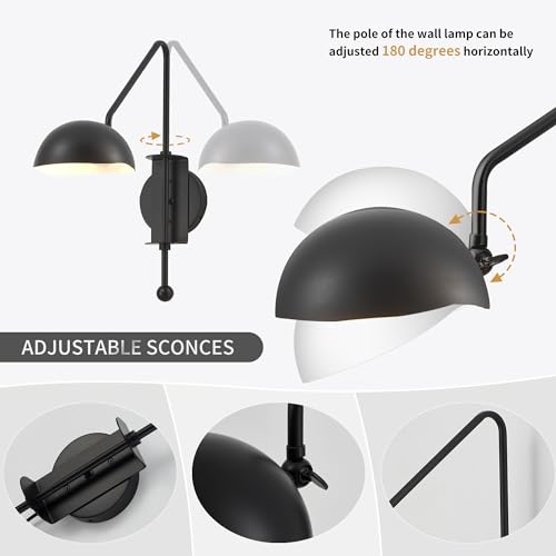 Image of Black Wall Sconce Set of 2 Plug in Swing Arm Wall Lamps Adjustable Modern Wall Mounted Sconce Light Fixture On /Off Switch Wall Sconce for Living Room Bedroom Vanity Study Desk Office