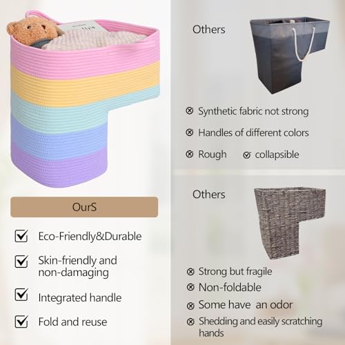 Image of Stair Basket for Wooden & Carpeted Stairs, Foldable Cotton Rope Step Basket with Handles, Staircase Storage Organizer, Fog Grey, 15 inch Lx 10 inch W x 15 inch H