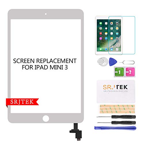 Screen Replacement for IPad Mini 3-SRJTEK Touch Screen Digitizer Glass A1599 A1600,Repair Parts with IC Chip Assembly Kits,Tempered Glass Included,White