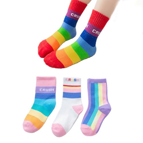 [HOLRAFAN] 子供靴下 スポーツ靴下 キッズ 虹 スポツソック 3/5足セット スレインボーソックス ボーダー カラフル 男の子 女の子ガールズ 可愛い 通気性 抗菌防臭 学生 通学 登園 通園 学生用(1/ピンク S)