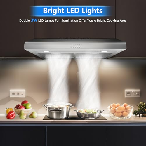 Image of 400 CFM Under Cabinet Range Hood 30 Inch, Stainless Steel Stove Vent Hood with 3 Speed Kitchen Exhaust Fan and Two Bright LED Light, Kitchen Hood 30 Inch for Duct /Ductless Convertible