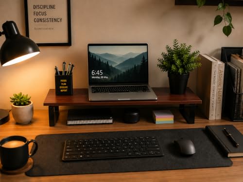 Image of Wooden Monitor Stand with Storage Organizer For Desk, Tables, Office, Home, Studio, Study Table | Desktop Ergonomic Monitor Stand Riser (Rosewood Brown, Large (with metal legs))