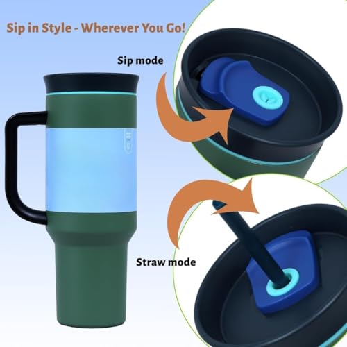 Image of Travel Mug 40oz with Straw & Handle | Leakproof Lid, BPA-Free Large Tumbler for Driving, Office, Fitness & Outdoor Use (Russian Green, 1200 ml)