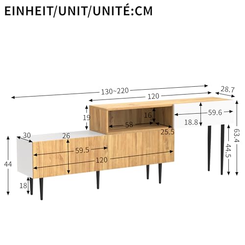 BTM Moderner TV-Schrank mit Verstellbarer Länge, Modulares 2-teiliges Design, Holzoptik + Weiß matt, Schwarze Metallbeine… – Ansicht 4