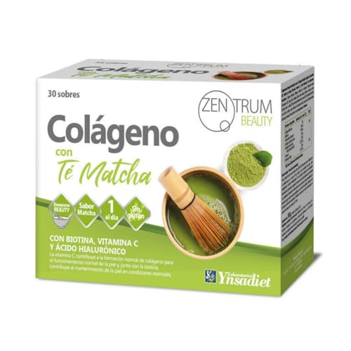Colágeno con Té Matcha | Ácido Hialurónico, Vitamina C y Biotina | 30 Sobres | Sin Gluten | Zentrum Beauty