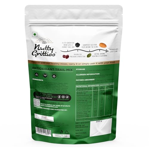 Image of Nutty Gritties Antioxidant Trail Mix 600g | 21 Superfoods in 1 Mix | Including Almonds, Hazelnuts, Brazil Nuts, Berries, Dry Dates, Chia Seeds, Pumpkin Seeds and Many More Mixed Dry Fruits | Resealable Pouch (Pack of 3, Each Pack 200g )