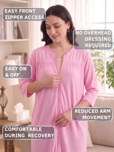 Image of Women's Post Surgery Robe with Drain Pockets Mastectomy Recovery Robe Front Zipper Hospital Gown Pajamas Gift