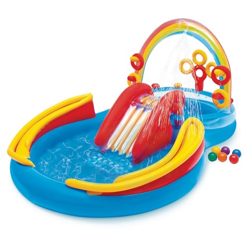 Intex 57453EP 9.75 Foot x 6.3 Foot x 53 Inch Multicolor Rainbow Slide Kids Inflatable Pool with Water Slide and Ring Toss for Children Ages 2 and Up