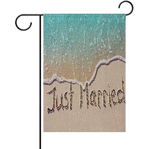 Yochoice ALAZA Just Married Written on Beach Polyester Garden Flag House Banner 12 x 18 inch, Two Sided Welcome Yard Decoration Flag for Wedding Party Home Decor Cover