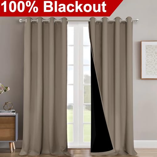 Image of NICETOWN 100% Blackout Blinds, Laundry Room Decor Window Treatment Curtains for Large Patio Sliding Door, Thermal Insulated Taupe Curtains for Bedroom, Set of 2, 52 inches x 108 inches