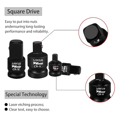 Image of YIYITOOLS 8Pcs Impact Socket Adapter and Reducer Set, 1 /4 inch-3 /8 inch-1 /2 inch-3 /4 inch SAE Socket Adapter, Impact Adapter Set, Cr-V Steel