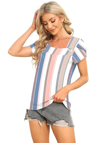 Image of Womens Petal Sleeve Tops Summer Trendy T Shirt Casual Loose Square Neck Button Blouse Tees