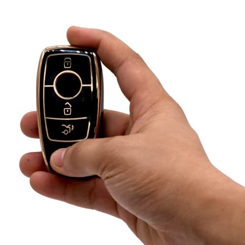 Image of KMH TPU Gold Car Smart Key Cover Compatible for Mercedes Benz E Series and S Series 3 Push Button Smart Key Shell Case Holder, Key Protector (Black with Gold) Pack of 2