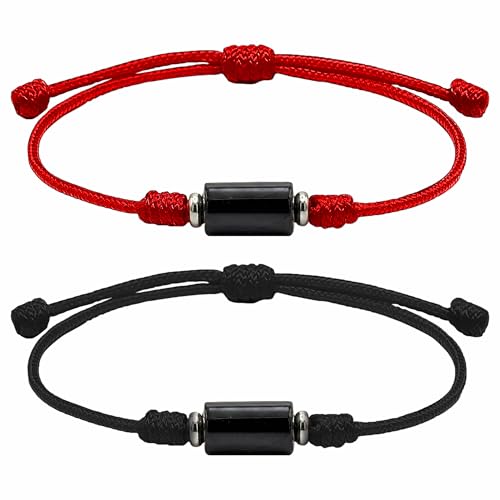 EFFEART ®️  Pulsera de turmalina natural pack de 2 roja y negra, pulsera de hilo ajustable con turmalina negra cilíndrica, amuleto contra el mal de ojo, para mujer y hombre.