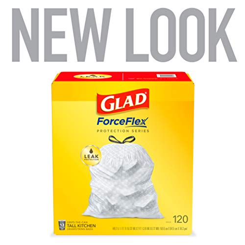 Glad ForceFlex Tall Kitchen Drawstring Trash Bags 13 Gallon White Trash Bag, Unscented 120 Count (Package May Vary)