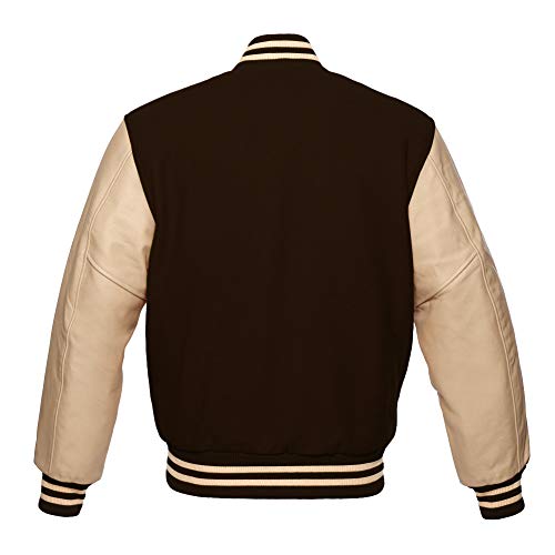 Men's Varsity Baseball Letterman Bomber Brown Wool & Cream Genuine Leather Sleeves R Logo Jacket2