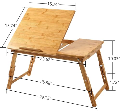 Image of Wooden Laptop Table Standard Adjustable Study Table with Laptop, Portable Lap Desk, Multifunctional Bed Table with Drawer and Folding Legs (Walnut)