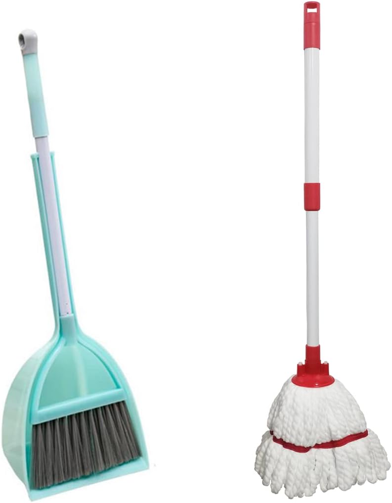 Kids Broom Dustpan and Mop Set, Small Cleaning Tools for Little Helpers, Mini Broom with Dustpan and White Small Mop