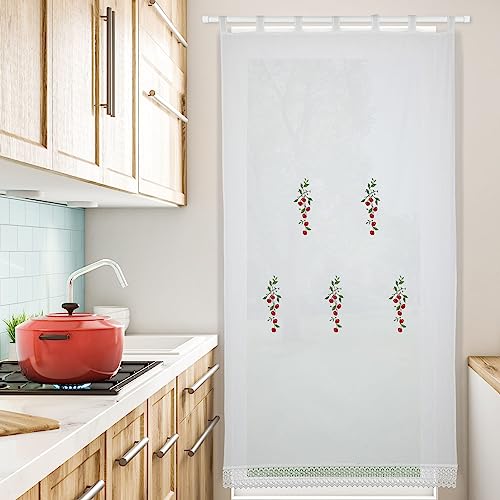 HOMEYA - Cortina Cocina Translúcida 150x220cm - Cortina con Bordados de Cerezas,para Cocina,Comedor, Marco de Puerta - 1 Unidad Color Blanco,100% Poliester