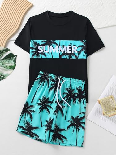 Kids Boys 2Pcs Rash Guard Swimsuit Coconut Tree Print Tankini Swim Top with Shorts Set Beach Bathing Suit2