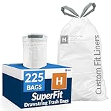 Reli. SuperFit Code H (225 Count) | Compatible with Simplehuman Code H | Custom Fit Liners | Drawstring Trash Bags | 30-35 Liter / 8-9 Gallon | White | Roll Pack