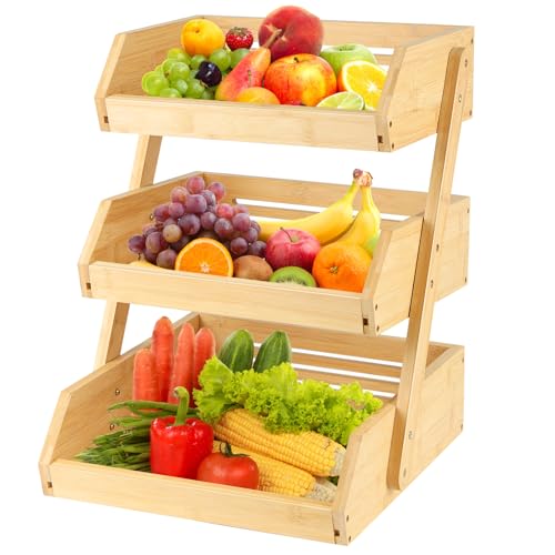 HUOLE Support de Corbeille à Fruits en Bambou, à 3 étages, Support à Panier de Fruits Rangement en Bois du Pain dans la Cuisine,pour Plan de Travail de Cuisine pour Fruits 30*33*41cm