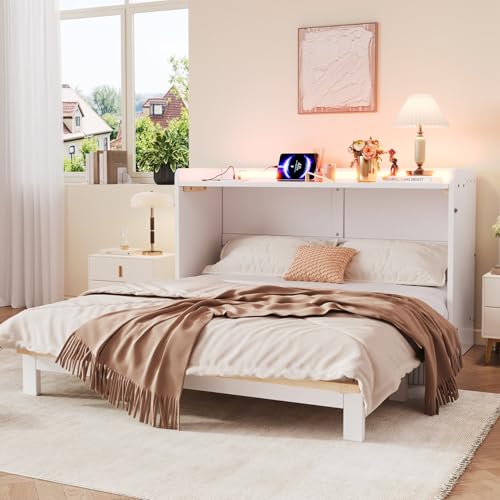 EURHCIO Lit Escamotable 140x200cm,Cadre de Lit 2 Personnes avec Port USB,Éclairage Réglable,Grand Tiroir,Panneau Décoratif Brillant,pour Adolescents Adultes(Blanc 2)