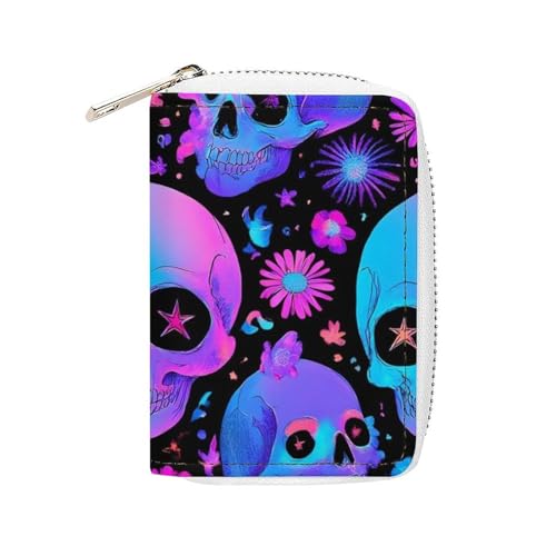 Portable Slim Wallet for Men Women, Pu Leather Credit Card Holder with 20 Slots Neon Purple Flowers Floral Skull Card Coin Organizer Bag