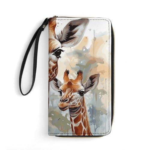 Women Wallets Watercolor Deer Giraffe Leather Wallet for Women Thin Wallet with Zipper Pocket Card Holder