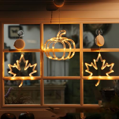 Halloween & Herbst Fensterlichter – LED Deko mit Saugnäpfen, Timer & sanftem Leuchtmodus, Erntedank-Dekorationen, Herbstdeko, Eichel, Ahornblätter, Kürbis, LED-Lichter mit Saugnäpfen (A)