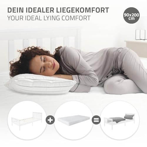 ML-Design Cama Infantil 90x200 cm con Somier Estructura con Listones y Cabecero Pies Robustos de Madera de Pino Macizo Color Blanco Nido Individual y Mobiliario para Niños y Adolescentes - imagen 5