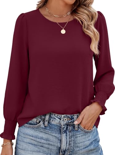 Lepunuo Blouses for Women Dressy Casual Long Length Sleeve Womens Tops with Smocked Cuffs A - Wine Red - image 1