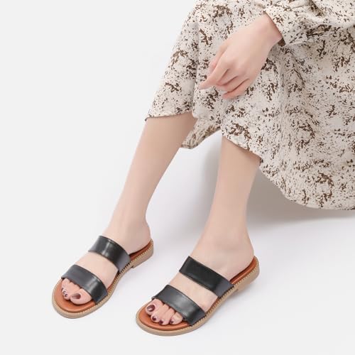 Image of Tilocow Women's Flat Sandals Two Strap Summer Dressy Studded Slide Sandals Open Toe Cute Casual Slip on Comfort Shoes for Beach Travel Daily Wear