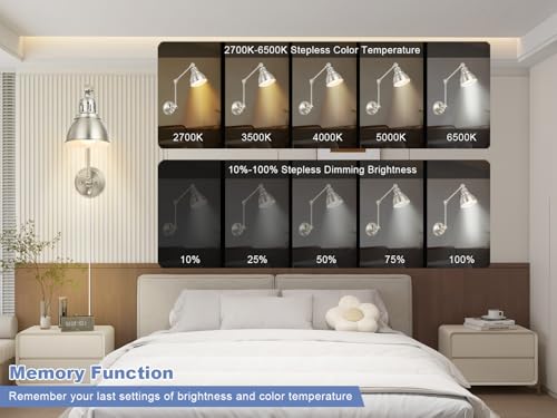 Image of GOODATE 1 Pack Plug in Wall Sconce with Remote, Dimmable, Adjustable Colors, Swing Arm Wall Lamp, Plug in Wall Light with Timer & Night Light (Brushed Nickel, with Bulb+Remote)
