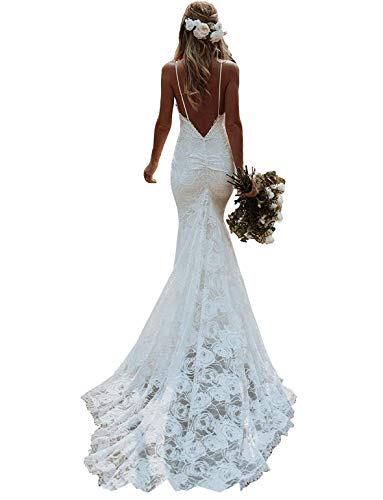 Bridess Women's V Neck Lace Wedding Dresses Long Backless Boho Wedding Party Dress W01 Ivory 2