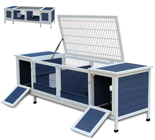 Rabbit Hutch Indoor Leakproof Bunny Cage Fir WoodenOutdoor Bunny House with Wire Floor Leakproof Plastic Tray (Blue)