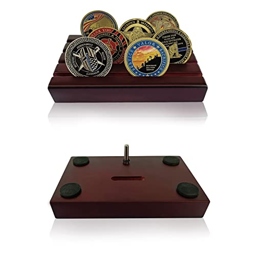Asmileindeep Small Military Challenge Coins Display Holder Solid Wood,Challenge Coin Stand Holds Stand 10-12 Coins,4 Row Military Coin Holder Rack For Desk,Army Coin Holder For Collectors,Red Finish #TOP4