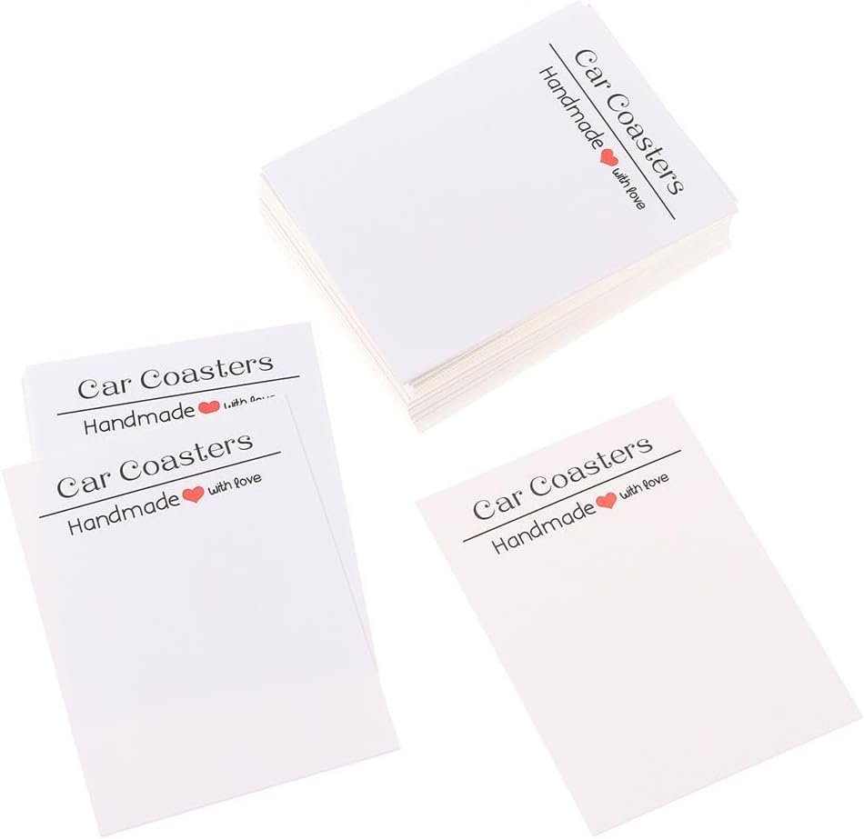 diyhub 100Pcs Car Coaster Packaging Set, White Car Coaster Display Cards with Plastic Display Bag, 3.93x2.85In