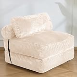 SHOUREN Folding Sofa Bed,Convertible Sleeper Chair Bed with Pillow,Foldable Futon Couch Mattress with Back Support,Portable Lazy Floor Sofa Lounger, Beige, Single
