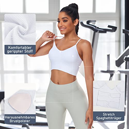 Vertvie Damen Yoga Sports BH Gepolstert Atmungsaktiv Spaghettiträger Rücken Verkreuzt Gerippt Ohne Bügel Abnehmbare Cups