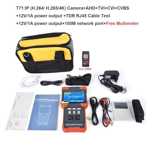 CCTV-Kameratester, 4-Zoll-HD-Display, T71 IPC CVBS Analog AHD TVI CVI Videomonitor POE PTZ-Steuerung RS485 TDR-Kabeltest für H.265 4K All-in-One-IP-Kameratester mit Multimeter